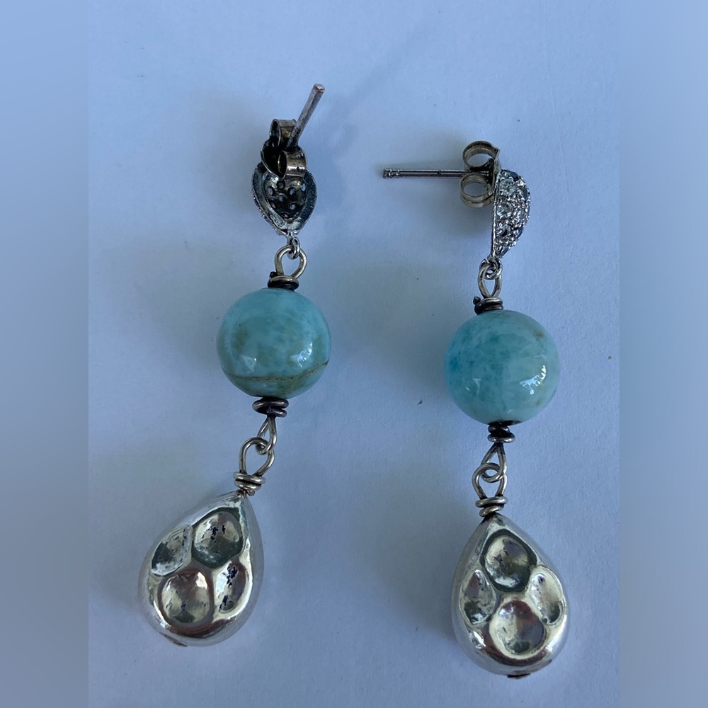 Vintage Larimar and 925 sterling earrings, Cubic Zirconia CZ teardrop post back - Picture 2 of 6